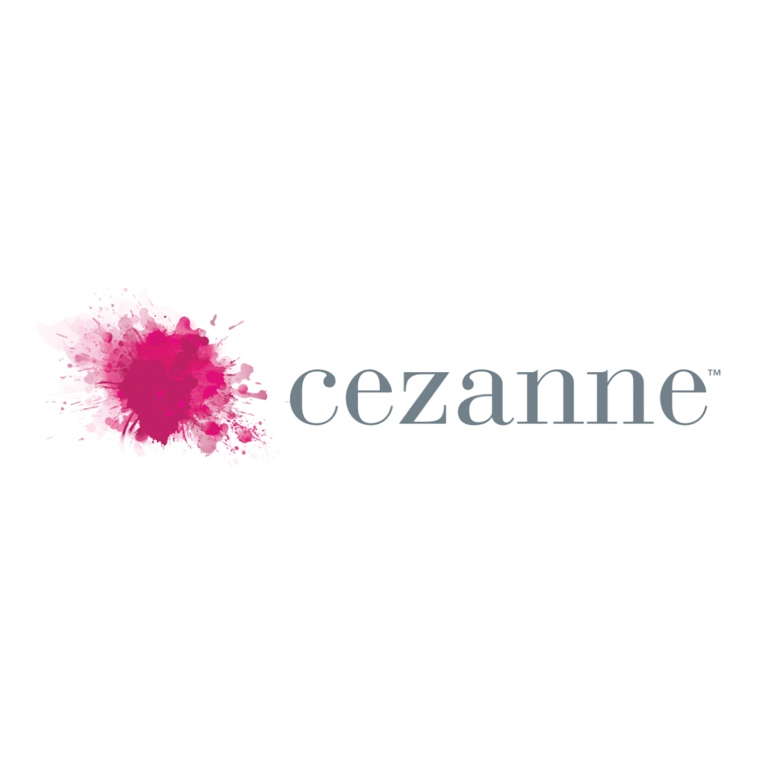 Logo with pink paint splash and gray "cezanne" text on a transparent background.